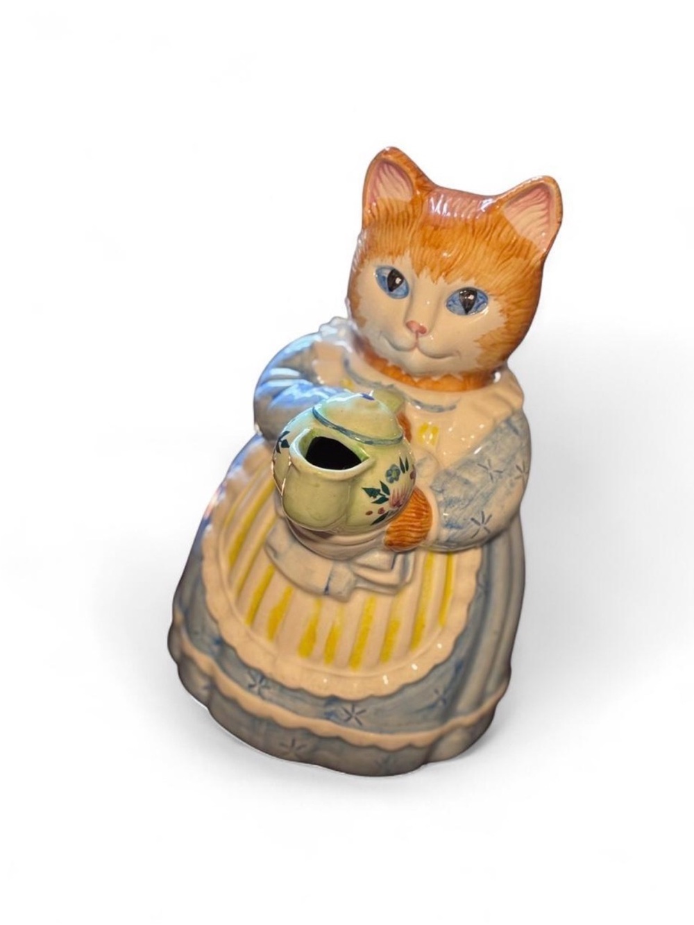 AVON Ceramic Orange Tabby Cat Figurine Tea Pot - Blue & Yellow
